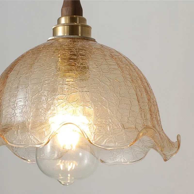 Afralia™ Amber Glass LED Pendant Lamp with Walnut Wood Accent - Modern Nordic Hanging Light