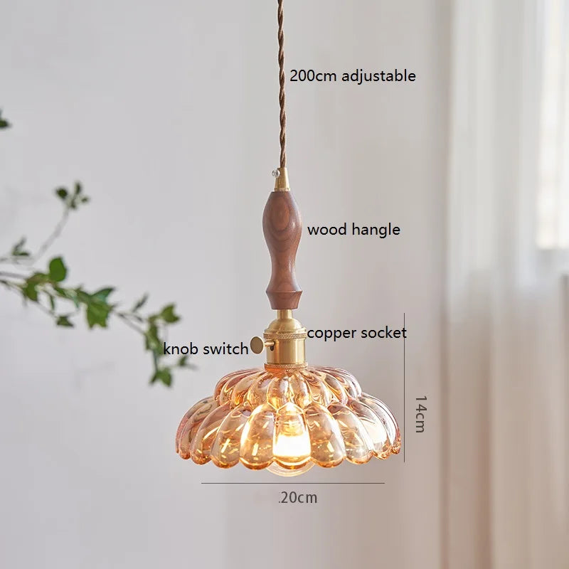 Afralia™ Vintage Glass Copper LED Pendant Light with Wooden Handle