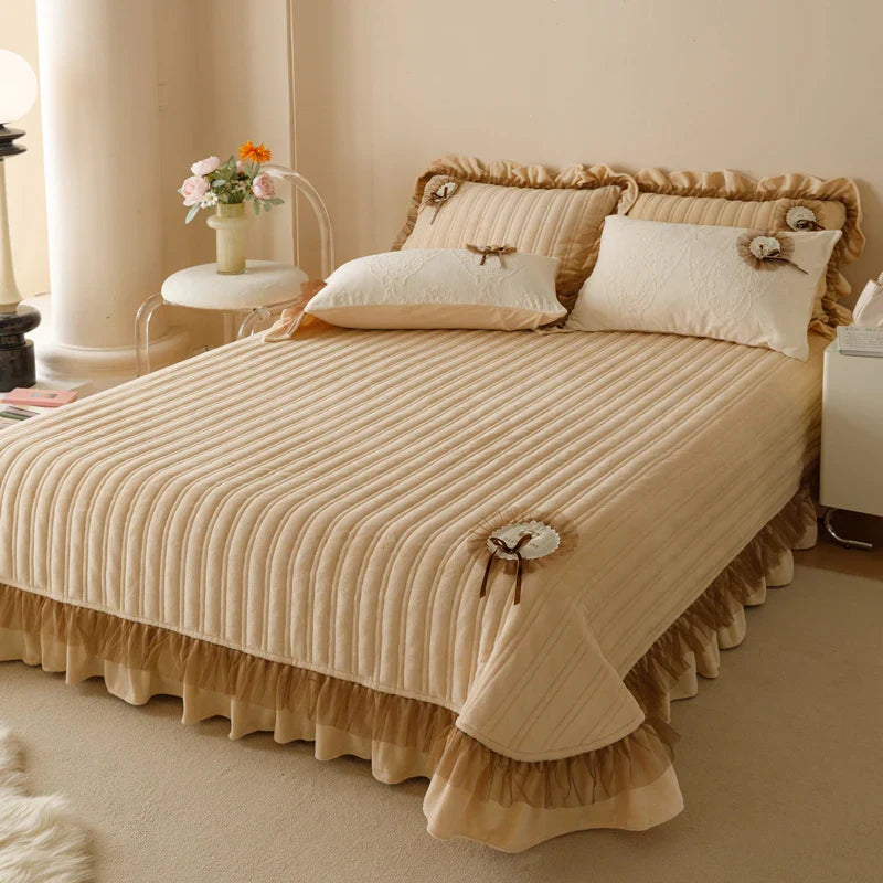 Afralia™ Velvet Lace Ruffles Quilted Bedding Set with Pillowcases