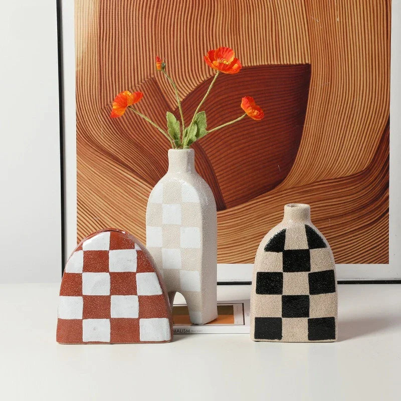 Afralia™ Geometric Check Ceramic Vase for Stylish Flower Arrangements