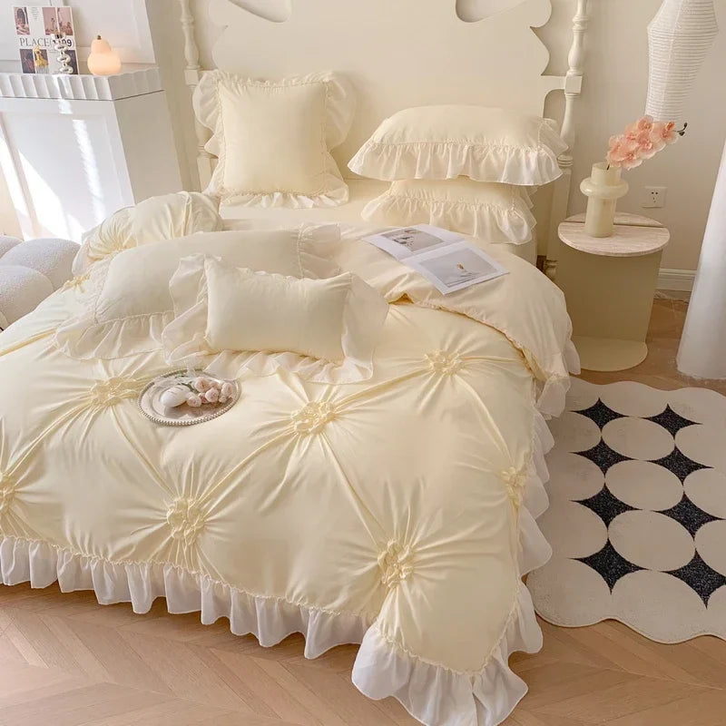 Afralia™ Lace Princess Bedding Set: Romantic Ruffles & Bow Duvet Cover, Sheet, Pillowcases