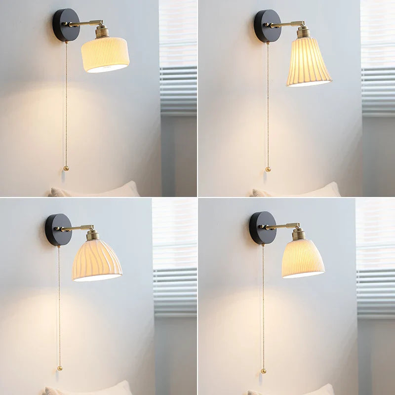Afralia™ Copper LED Wall Lights Pull Chain Switch Modern Bedside Lamp Wood White Ceramic