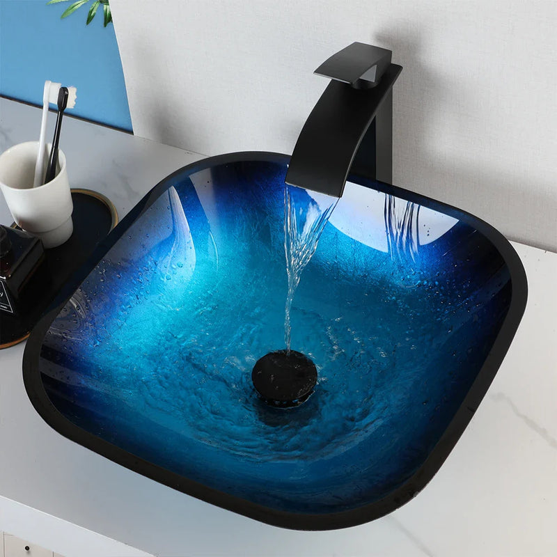 Afralia™ Gradient Blue Glass Basin Faucet Set with Waterfall Mixer Taps