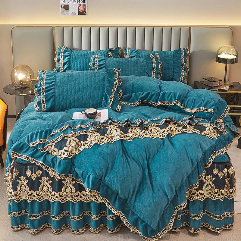 Afralia™ Velvet Bedding Set with Gold Lace Ruffles, Removable Bed Skirt & Pillowcase