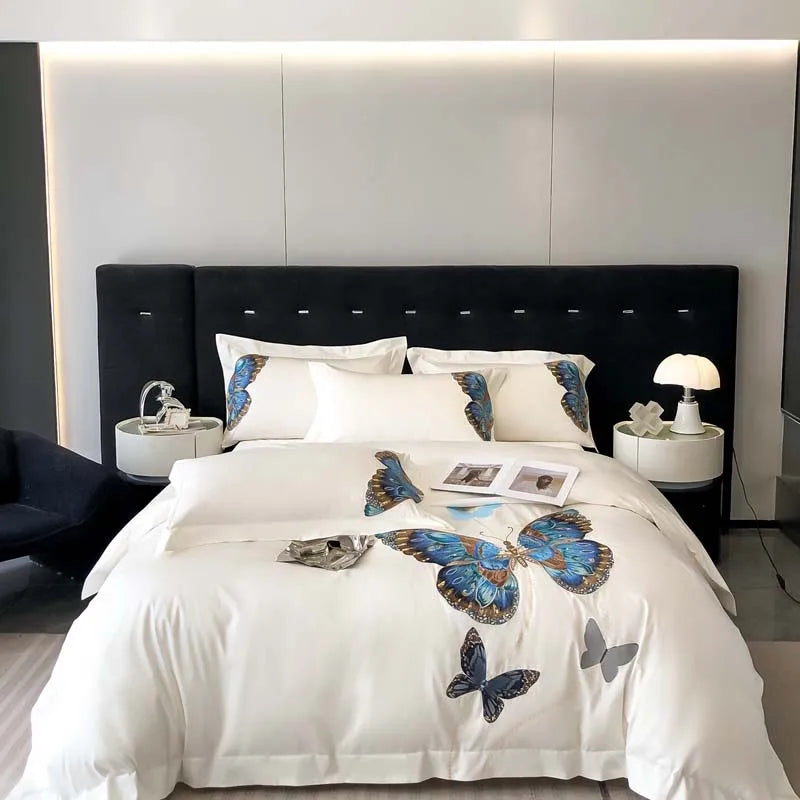 Afralia™ Butterfly Embroidery Bedding Set: King/Queen/Ru Size Bed Linens, Sheet, Pillowcase, Comforter Cover