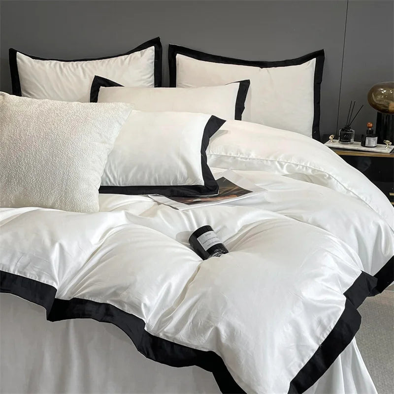 Afralia™ Luxury 60S Egyptian Cotton Hotel Bedding Set with Black Edge, Duvet Cover, Sheet, Pillowcases