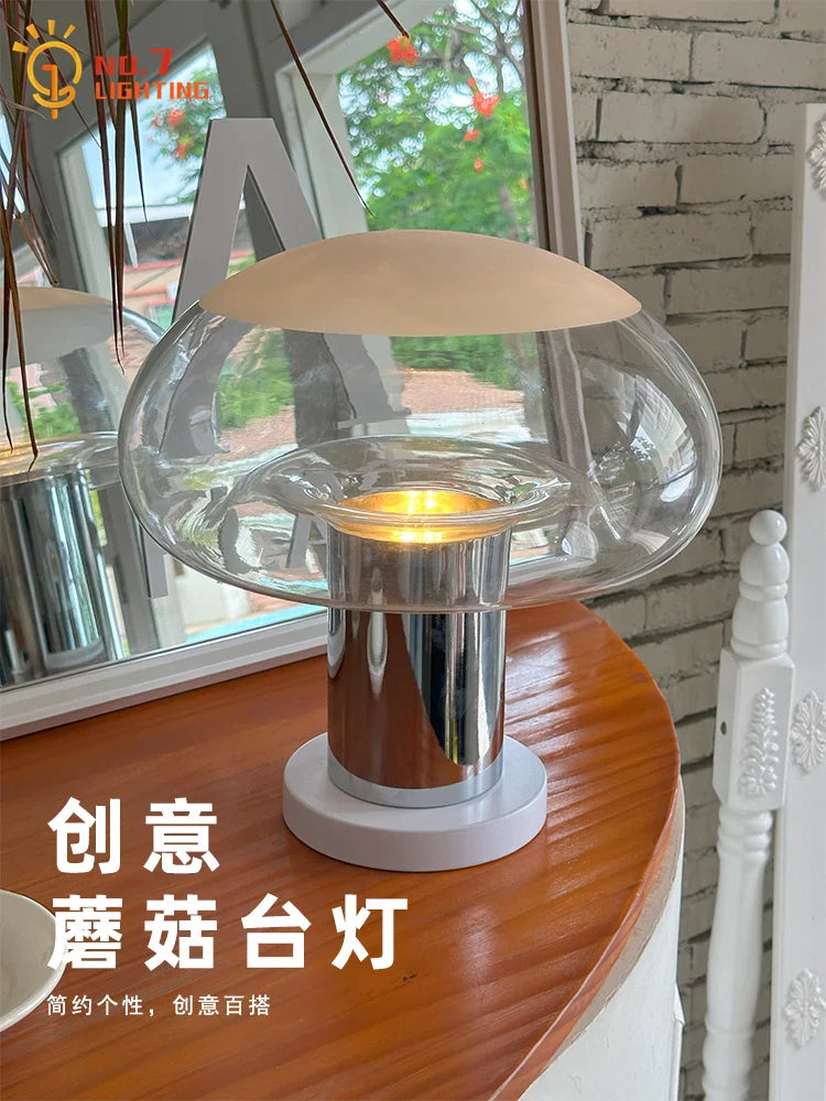 Afralia™ Glass Mushroom Table Lamp LED E27 Chrome/Black Desk Light