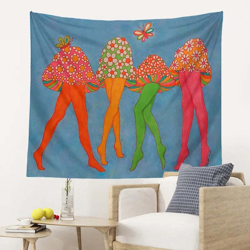 Afralia™ Mushroom Dance Tapestry Wall Hanging Psychedelic Wall Art Vintage 80S Poster