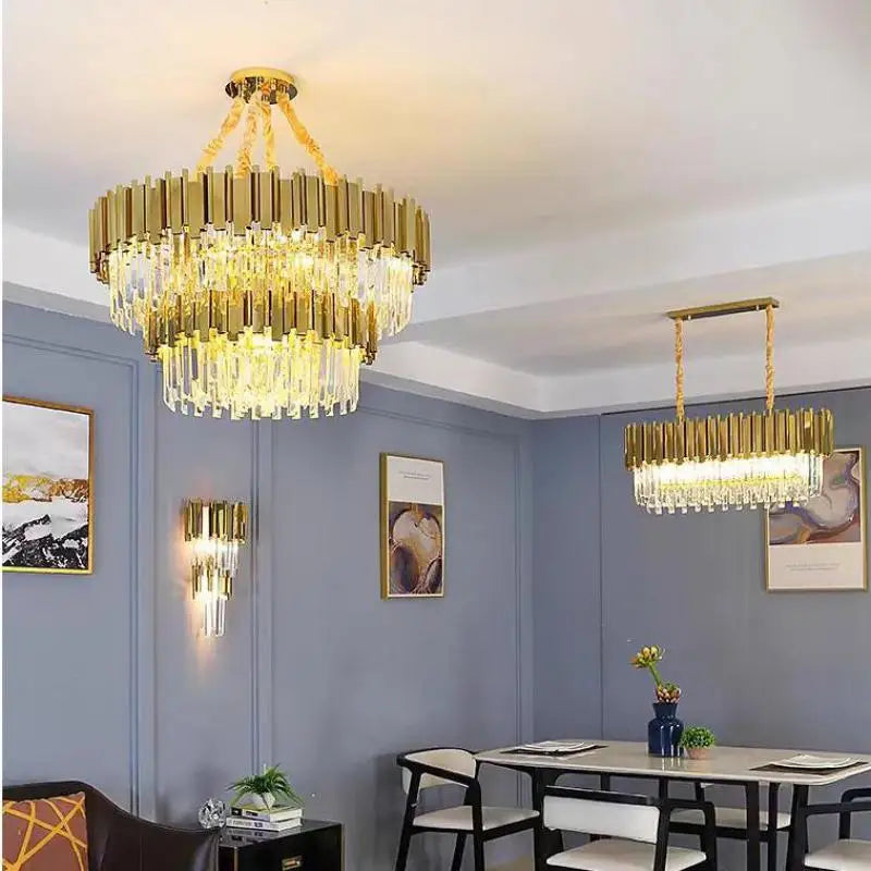 Afralia™ Crystal LED Pendant Lights: Luxury Gold Plating Metal Hanging Lamp for Living, Dining, Bedroom