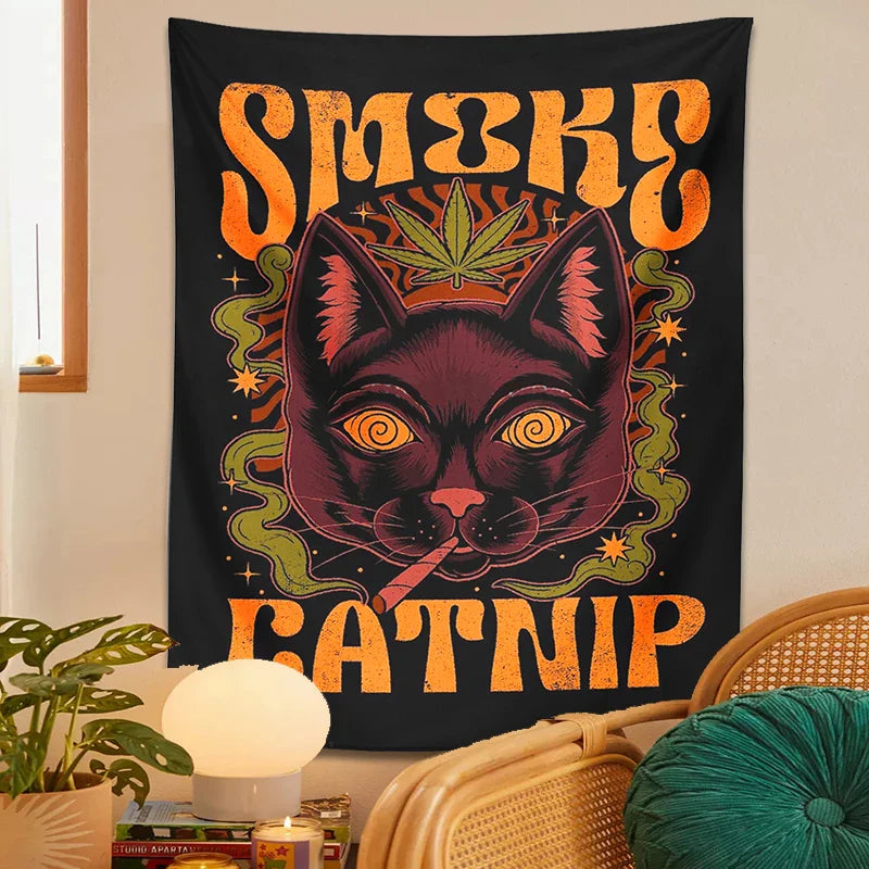 Afralia™ Smoke Catnip Tapestry Wall Hanging Tarot Cat Mysterious Divination Witchcraft Dorm Decor