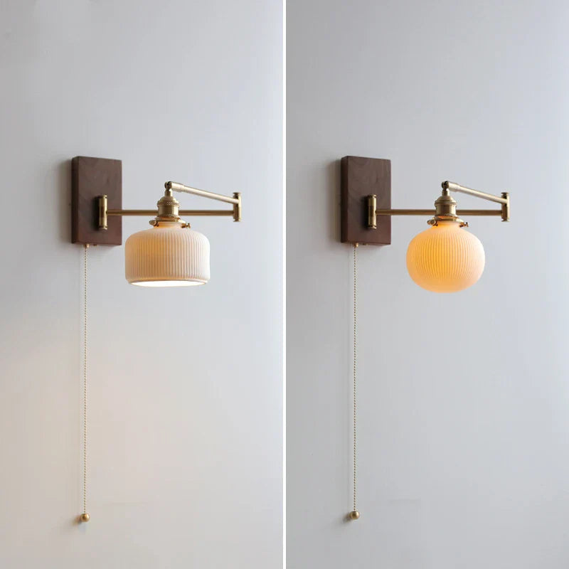 Afralia™ Wood Canopy LED Wall Lamp with Pull Chain Switch, Left Right Totate Arm Sconce