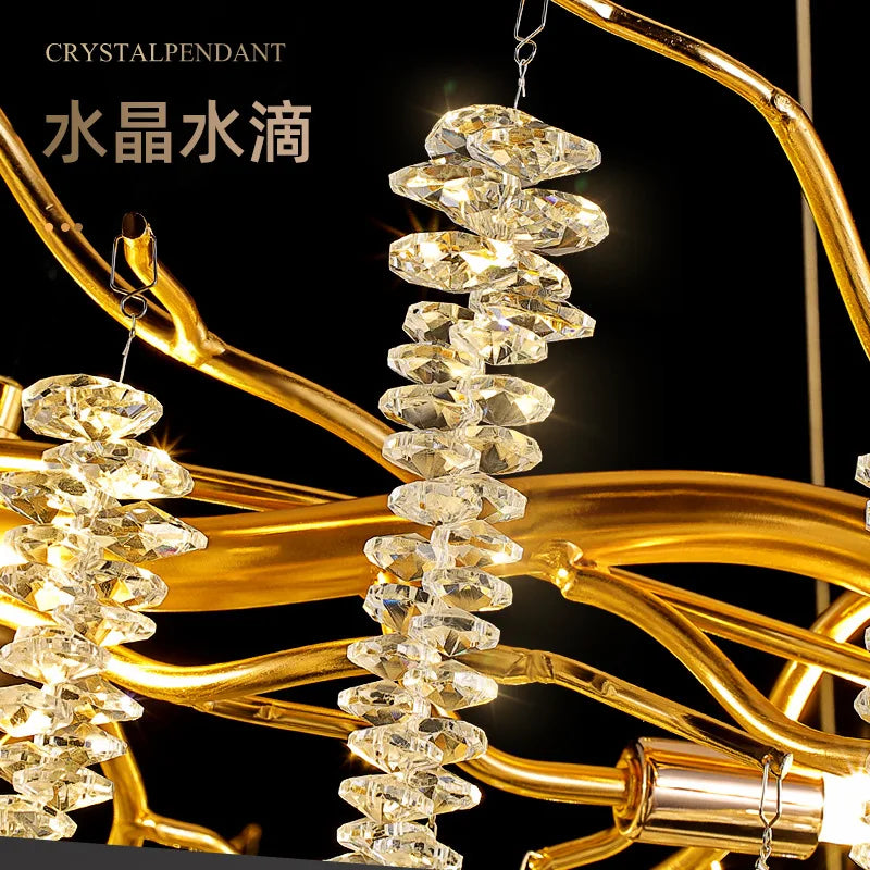 Afralia™ Modern Gold Tassel Crystal Branch Chandelier Pendant