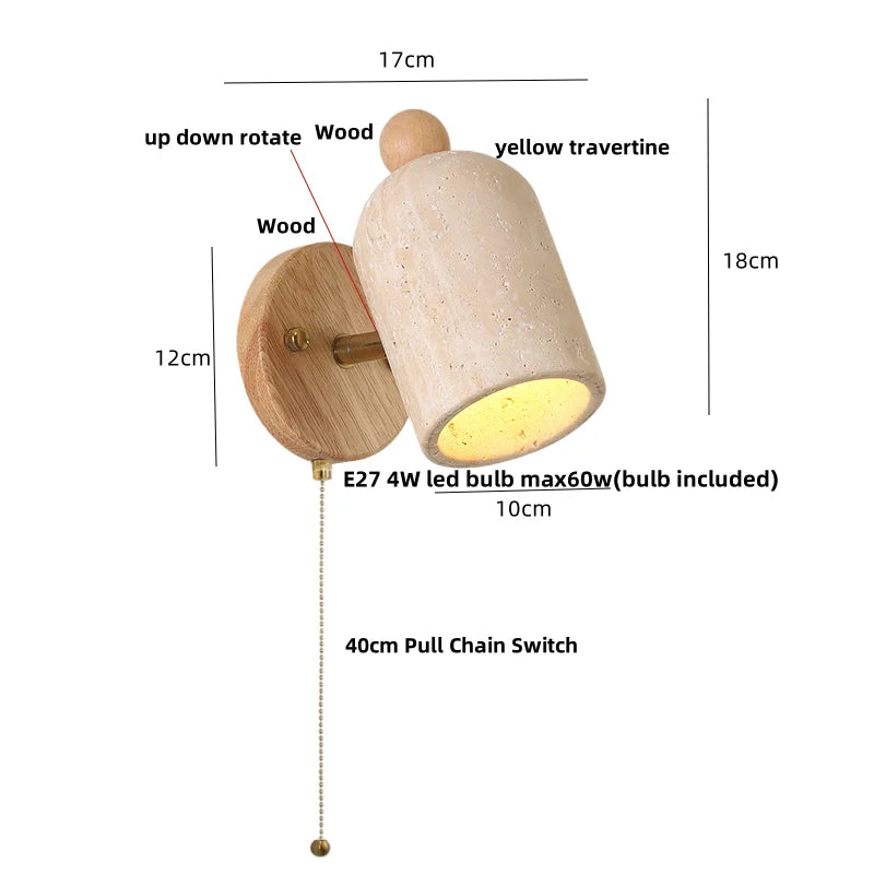 Afralia™ Wood & Travertine LED Wall Sconce with Pull Chain Switch