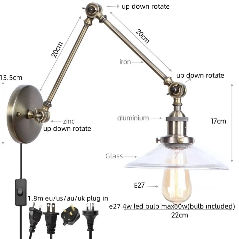 Afralia™ Vintage Loft Glass Swing Arm Wall Lamps