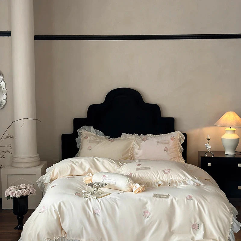 Afralia™ Rose Flowers Embroidery Lace Ruffles Cotton Brushed Bedding Set