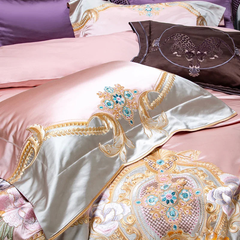 Afralia™ Pink Purple Embroidery European Palace Bedding Set - 9Pcs Premium Egyptian Cotton