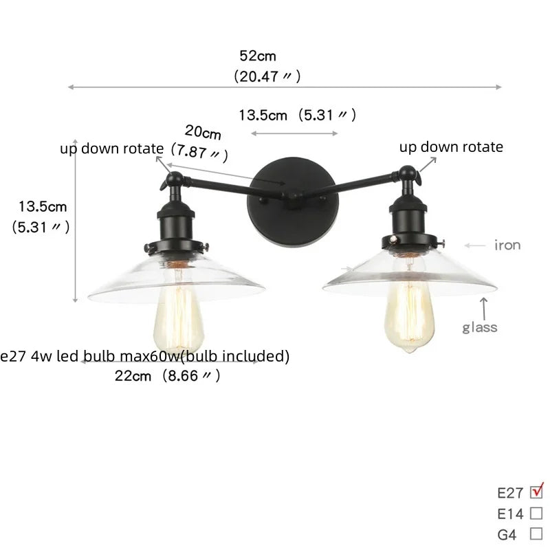 Afralia™ Industrial LED Wall Light Fixture with Pull Chain Switch, 2 Heads Bedside Lamp