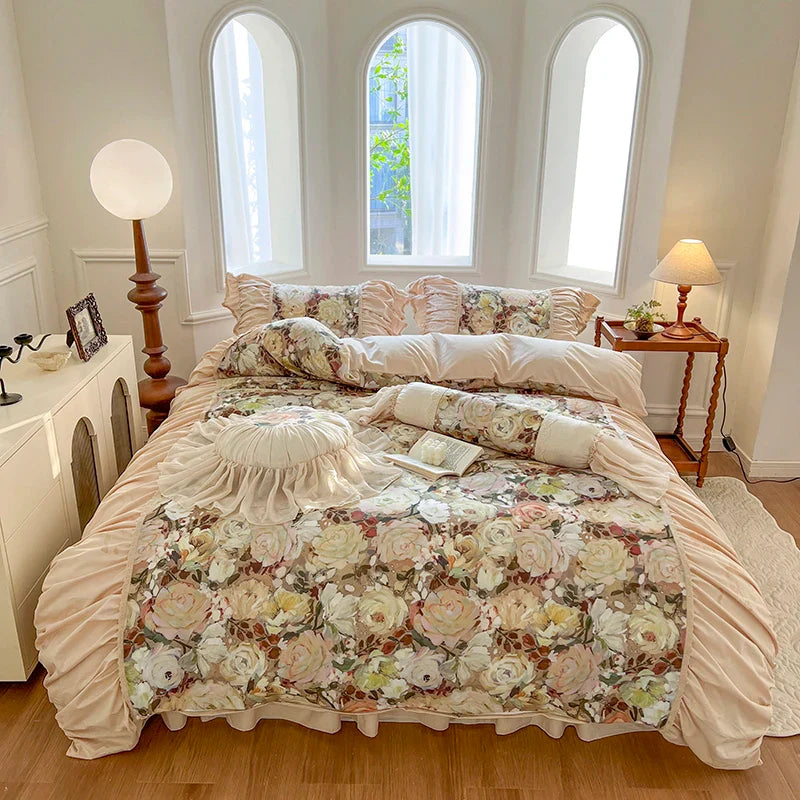 Afralia™ Vintage Floral Print Cotton Bedding Set with Ruffles & Pleats