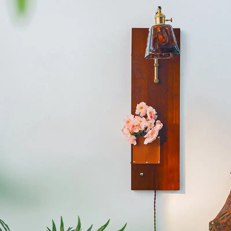 Afralia™ Retro Solid Wood Flower Wall Lamp for Medieval Bedroom, Copper Glass Staircase Decor