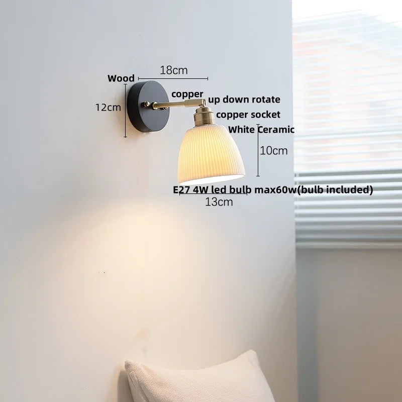 Afralia™ Copper LED Wall Lights Pull Chain Switch Modern Bedside Lamp Wood White Ceramic