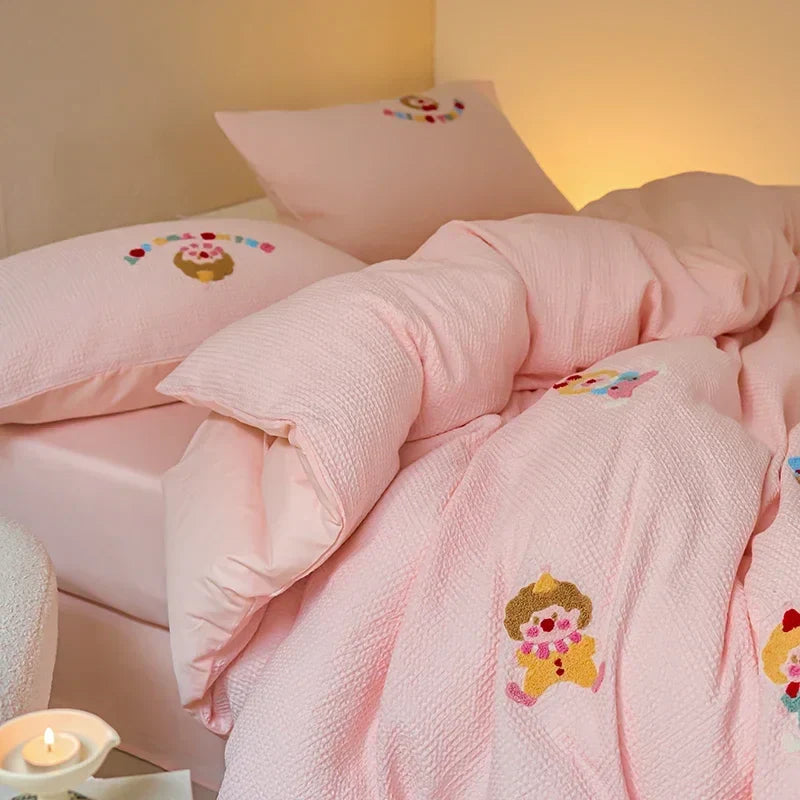 Afralia™ Pink Waffle Cotton Duvet Set with Sheet, Pillow, and Throw - High-End Embroidered Bedding