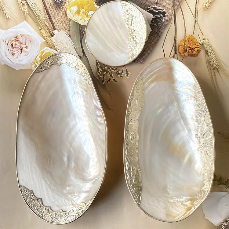 Afralia™ Shells Jewelry Tray, Light Luxury Gold-rimmed, Living Room Decor, Tabletop Fruit Tray