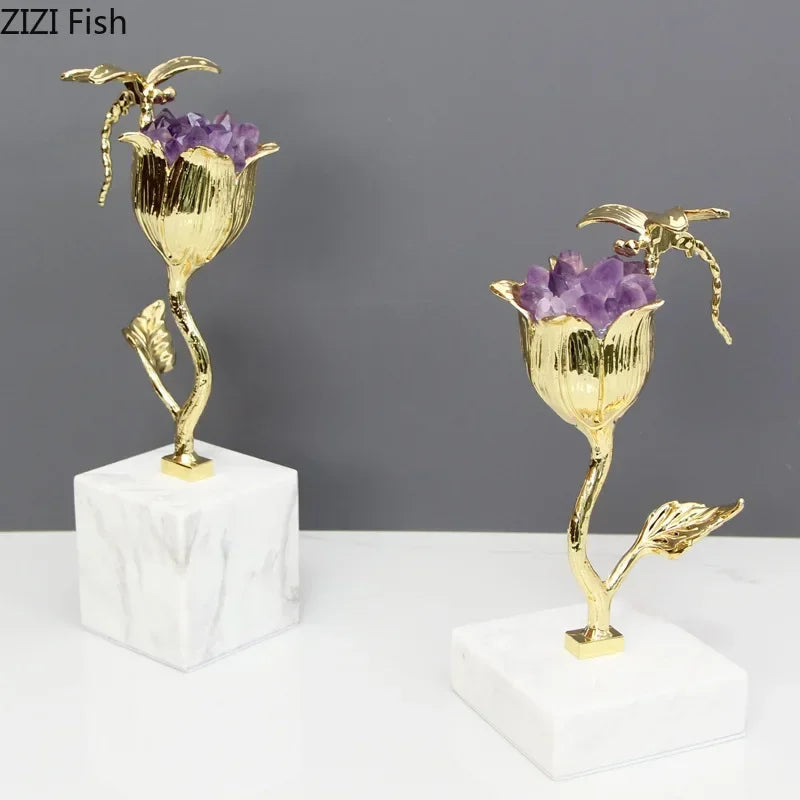 Afralia™ Amethyst Flower Ornaments Gold-plated Dragonfly Decor Sculpture Room Decor