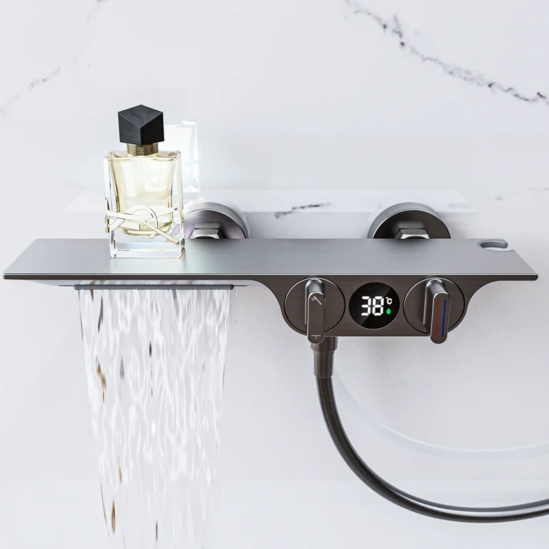 Afralia™ Digital Display Black Waterfall Shower Mixer Wall Mount Brass Bathroom Taps