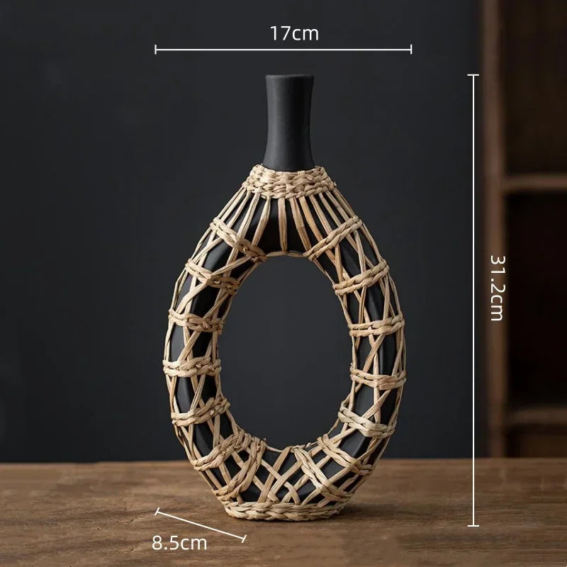 Afralia™ Rattan Vase: Geometric Ceramic & Straw Plaited Floral Arrangement Home Decor