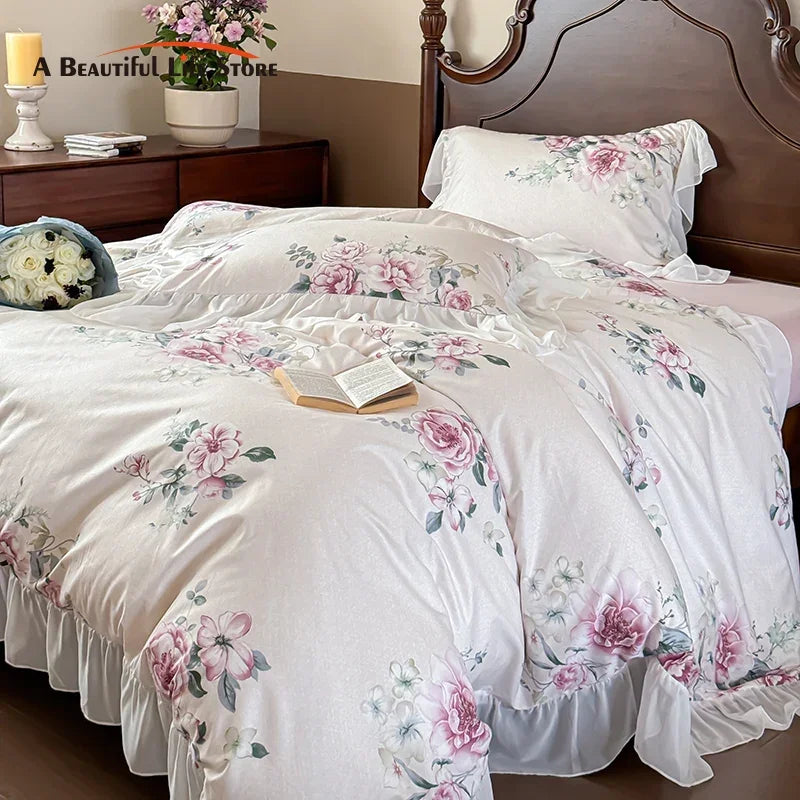 Afralia™ French Flowers Lace Ruffles Princess Bedding Set with Bed Sheet Pillowcases