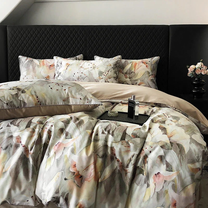 Afralia™ 1000TC Vintage Flowers Print Bedding Set with Duvet Cover, Sheet, Pillowcases