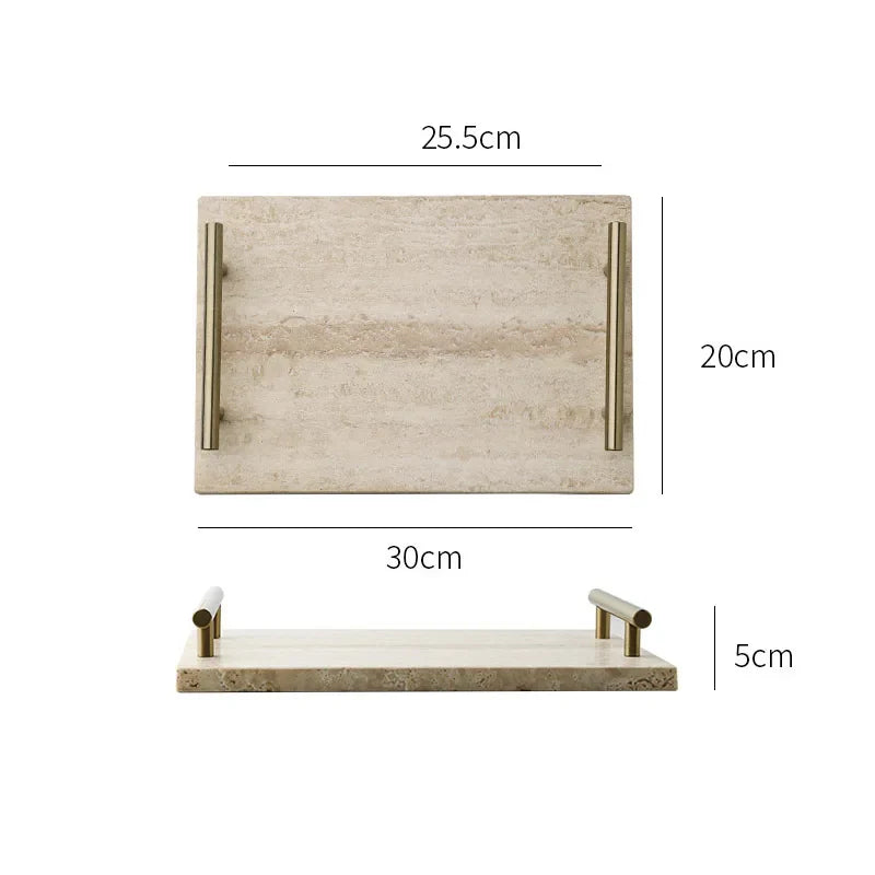 Afralia™ Beige Travertine Stone Tray with Golden Metal Handle