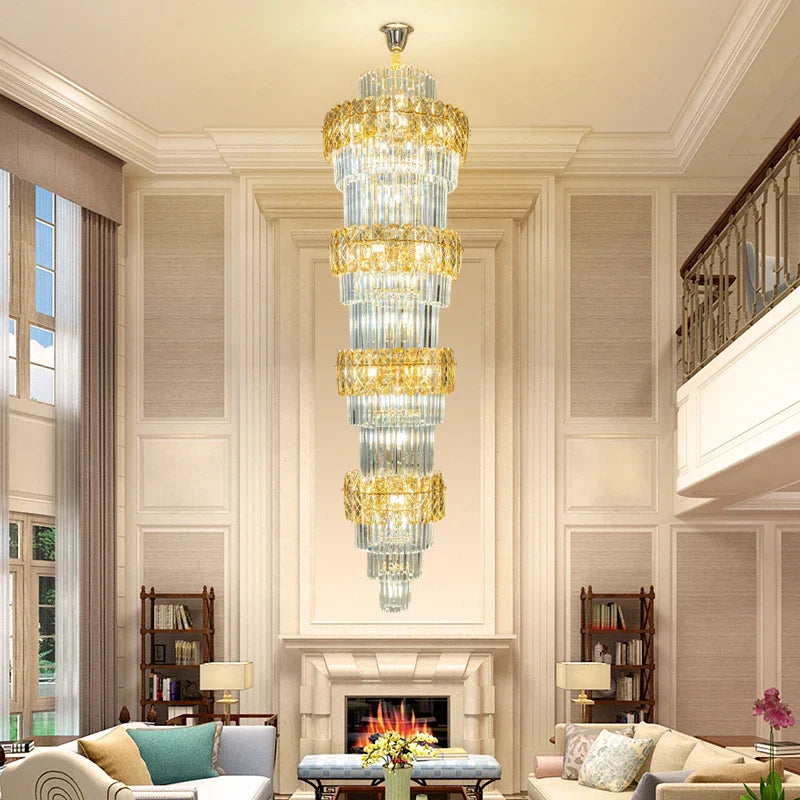 Afralia™ Elegant Crystal Hollow Long Chandelier for Duplex Living Room and Stairwell