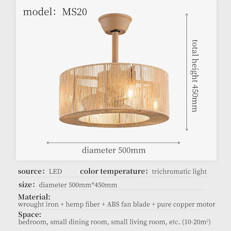 Afralia™ Braided Rope Lantern Ceiling Fan Light: Reversible, Dimmable, 6-Speed Home Decor