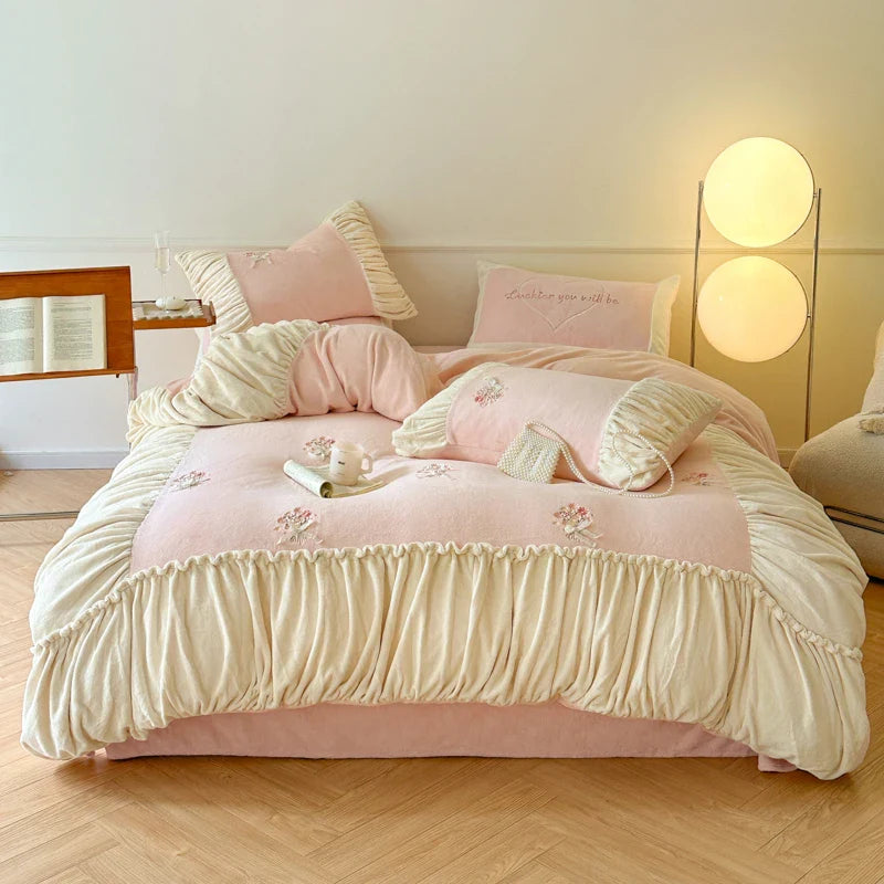 Afralia™ Fleece Embroidered Floral Velvet Bedding Set with Plush Patchwork in Pink