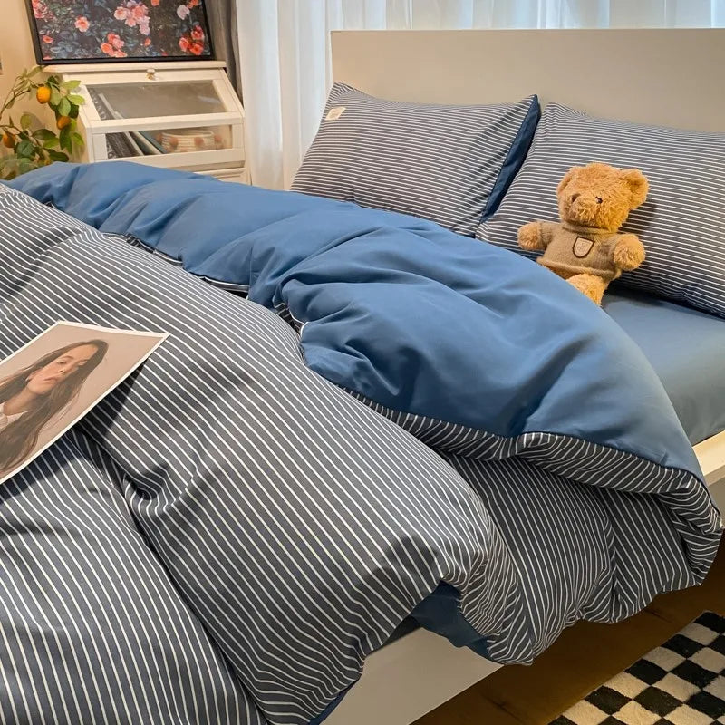 Afralia™ Japanese Grid Printed Cotton Bedding Set in Queen/King for Cozy Sleep