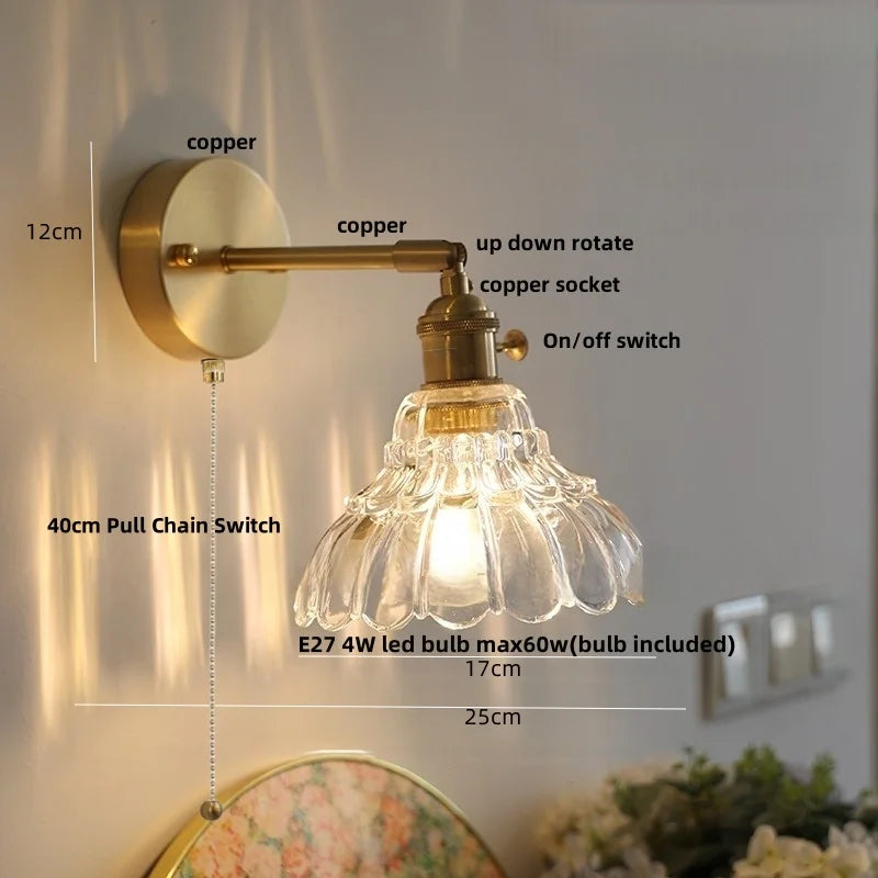 Afralia™ Flower Glass Pull Chain Wall Sconce, Rotatable Copper LED Stair Light