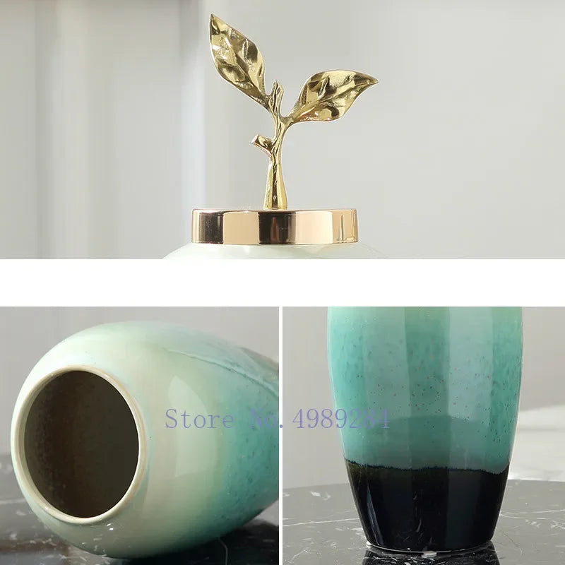 Afralia™ Gradient Ceramic Vase with Golden Leaves Cover for Modern Home Decor and Weddings