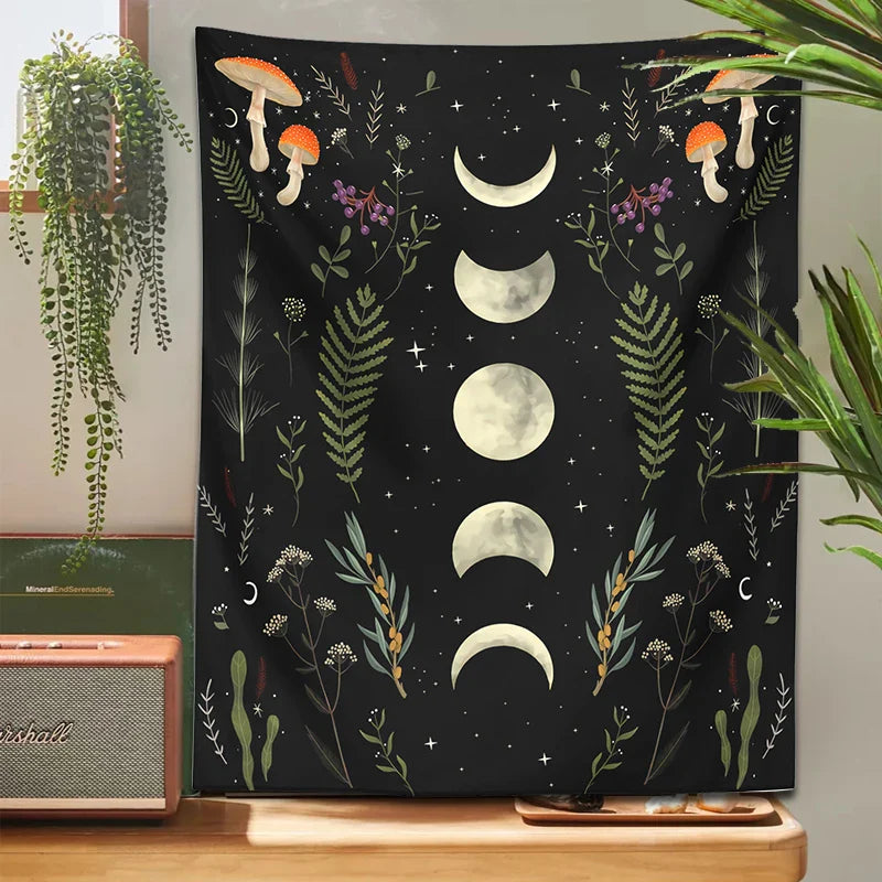 Afralia™ Moon Phase Mushroom Tapestry Wall Hanging Tapestries - Boho Room Decor