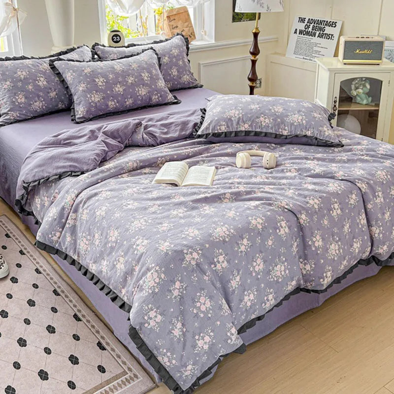 Afralia™ Wrinkled Yarn Lace Bedding Set: New Printed Cotton Duvet Cover Kit for Double Bed