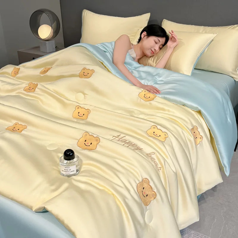 Afralia™ Washed Silk Embroidered Quilt Set Queen, Cooling Summer Blanket