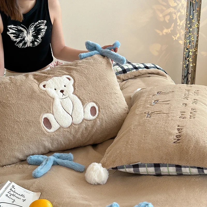 Afralia™ Bow-knot Embroidered Velvet Duvet Bedding Set cozy winter bedding with pillowcase