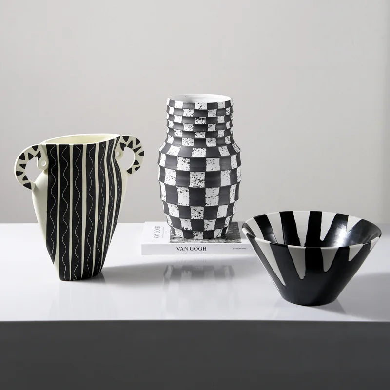 Afralia™ Black Check Geometric Striped Ceramic Vase - Handcrafted Floral Arrangement Pot