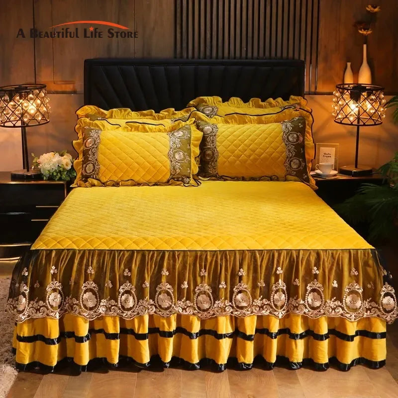 Afralia™ Crystal Velvet Bedspread Set with Super Soft Quilting & Lace Bedskirt