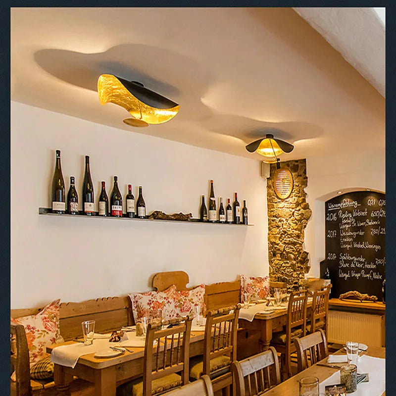 Afralia™ Lederam Manta Pendant: Industrial Black & Gold Ceiling Light with Lotus Leaf Design