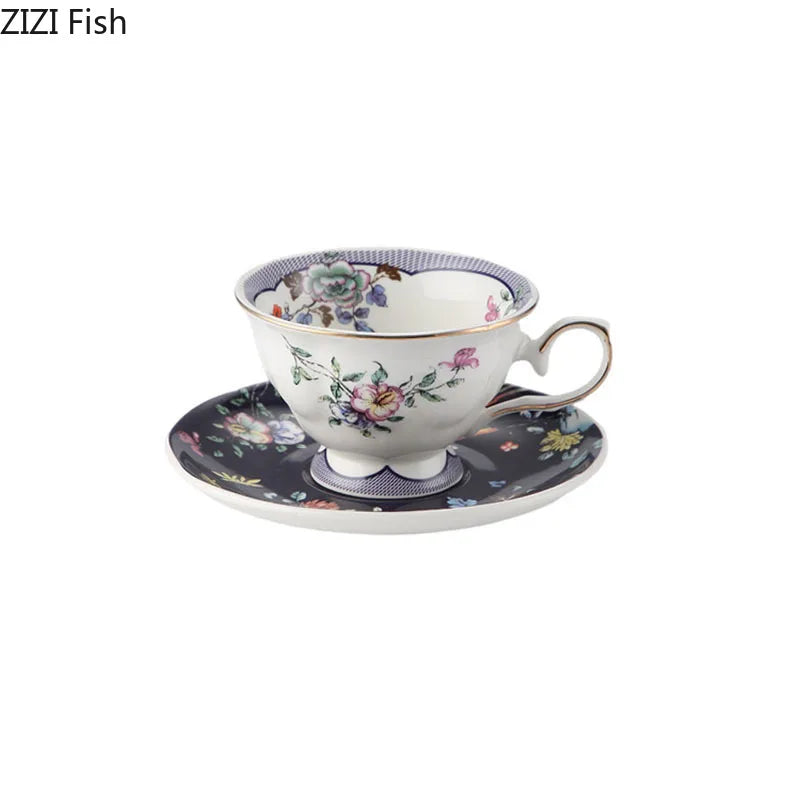 Afralia™ Flowers Pattern Ceramic Cup & Saucer Set for Dining Table, Coffee, Tea, Juice