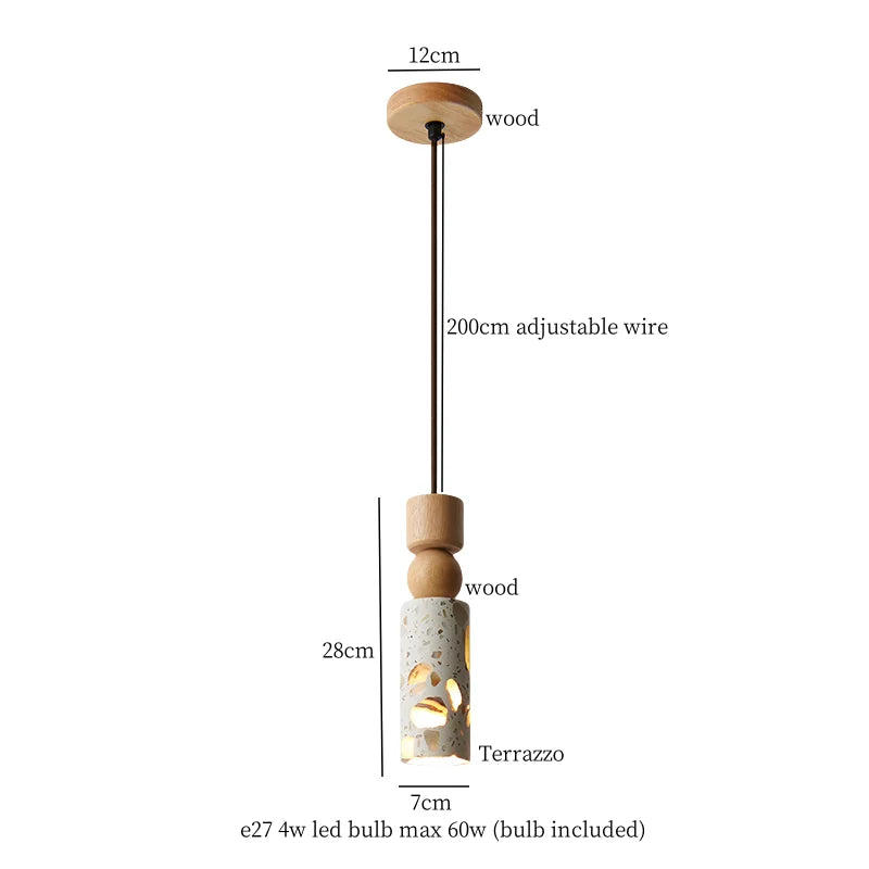 Afralia™ Terrazzo Wood LED Pendant Light for Bedroom Dining Room Japanese Vintage Style