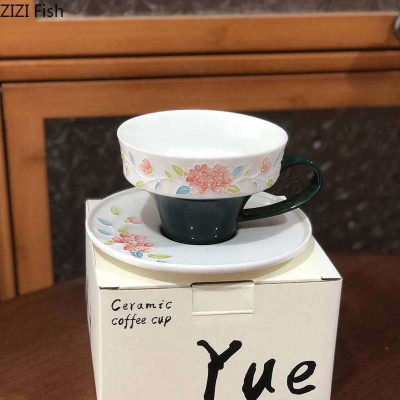 Afralia™ Peony Flower Ceramic Cup & Saucer Set for Dining Table and Coffee, Tea or Juice