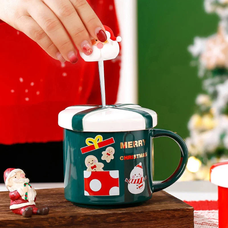 Afralia™ Festive Ceramic Christmas Coffee Mug with Lid, Spoon | Holiday Gift Mug