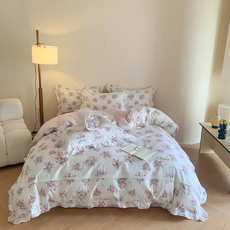Afralia™ Princess Pastoral Cotton Bedding Set with Lace Ruffles & Floral Design